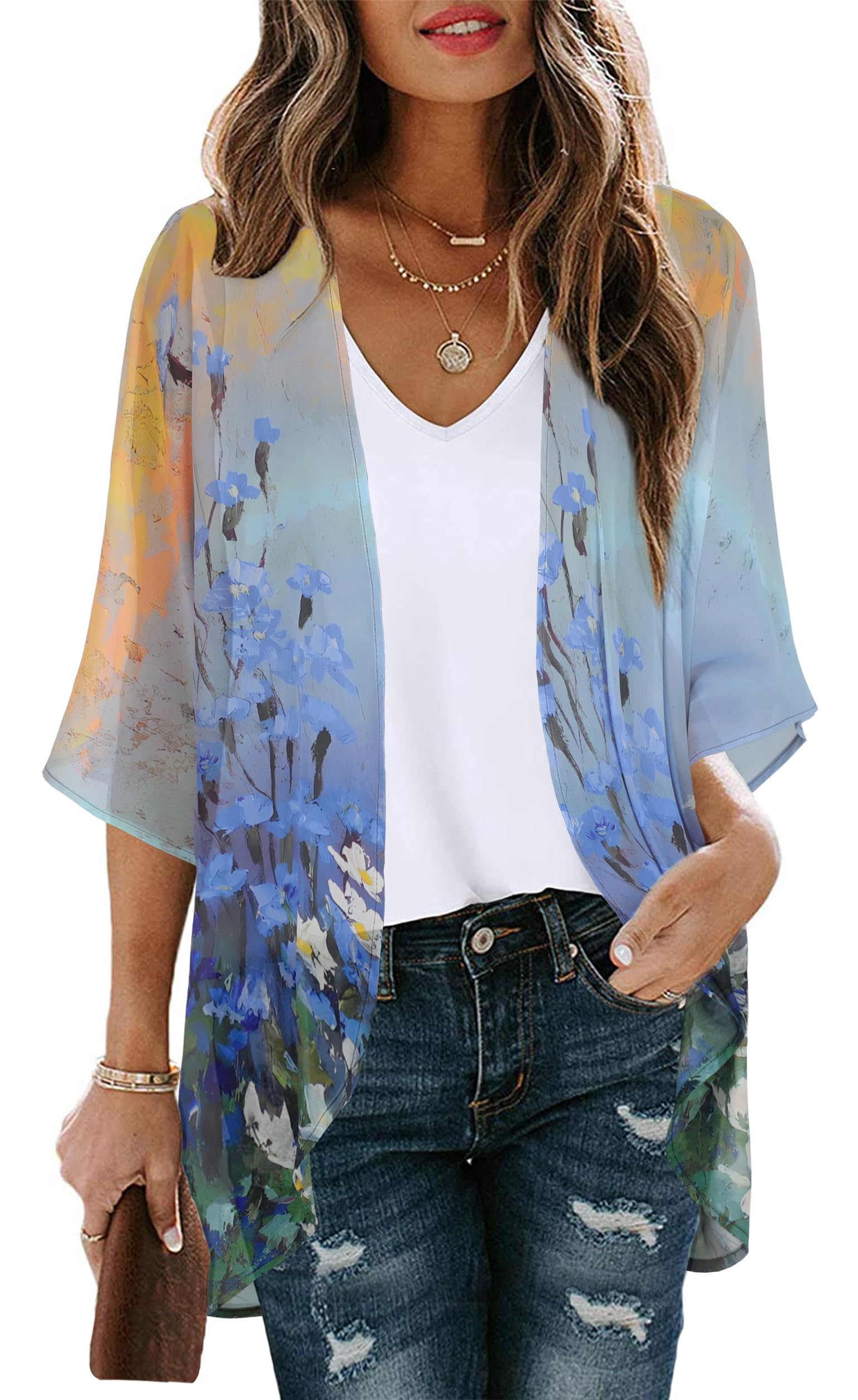 Womens Casual Tops Bathing Suit Cover Up Summer Kimono Cardigan Hawaiian Shirts (Sunset and Flowers, L)