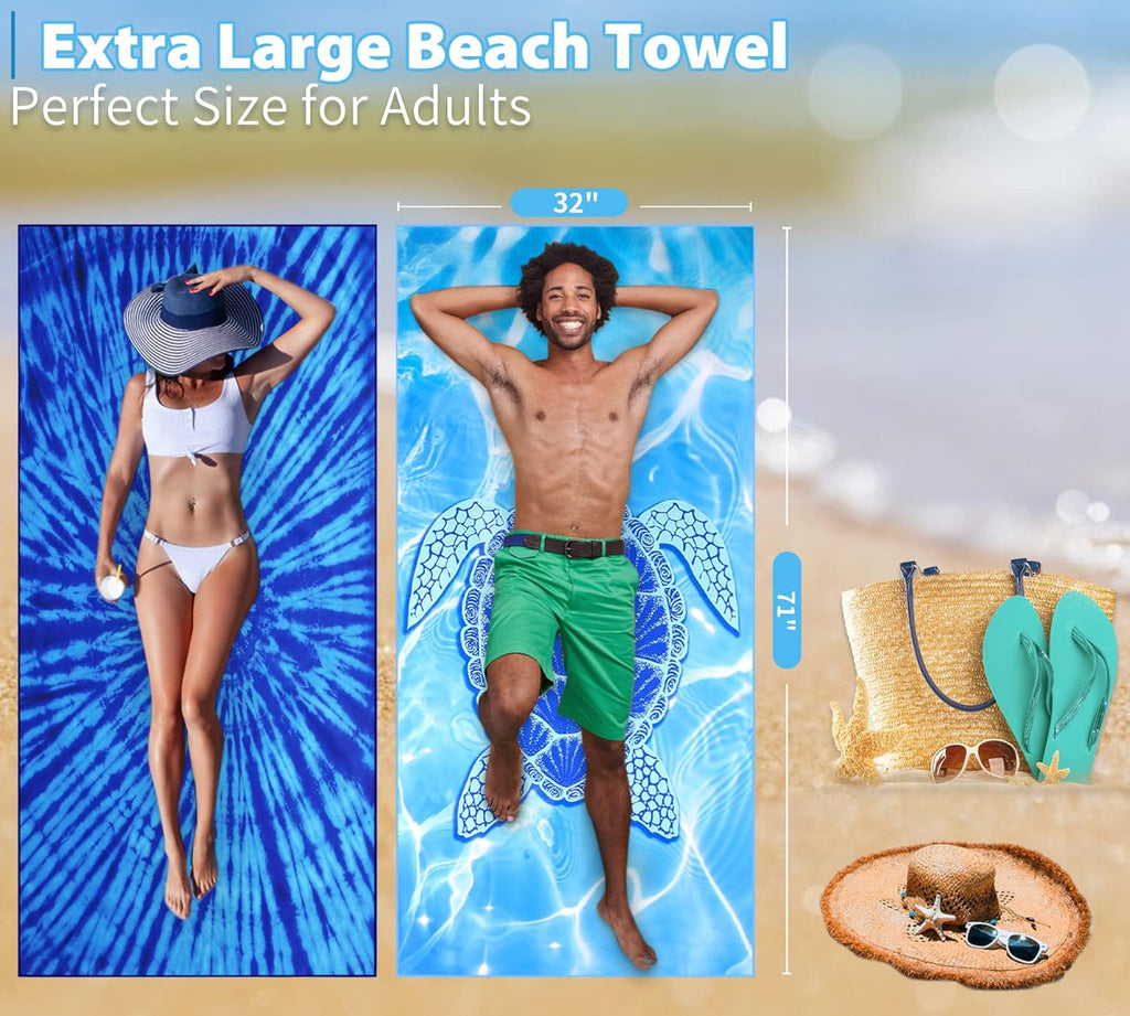 Skiennix Oversized Microfiber Beach Towels - Lightweight & Quick Dry | 71"x32" Blue Tie Dye Turtle (2 Pack)