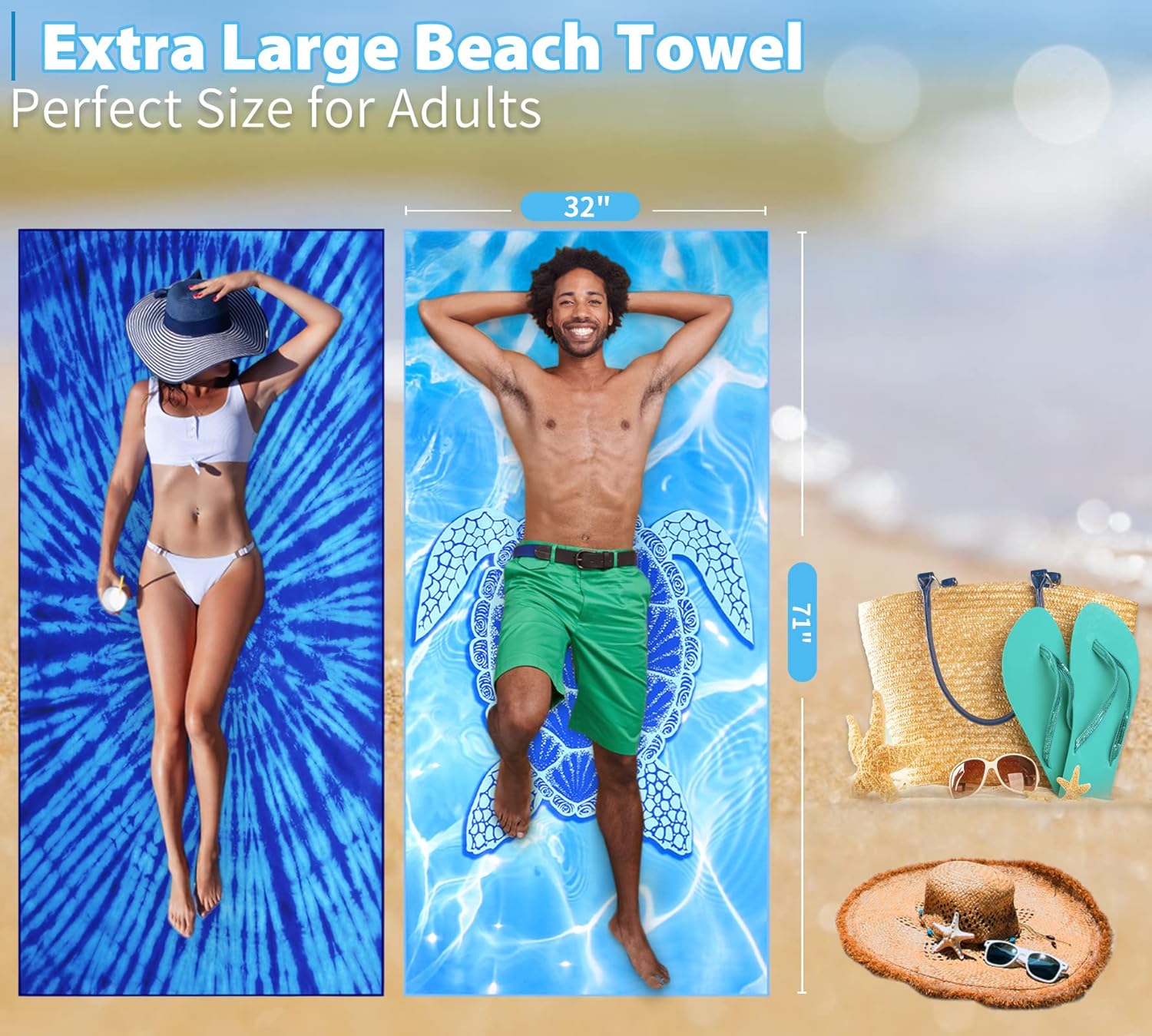 Skiennix Oversized Microfiber Beach Towels - Lightweight & Quick Dry | 71"x32" Blue Tie Dye Turtle (2 Pack)
