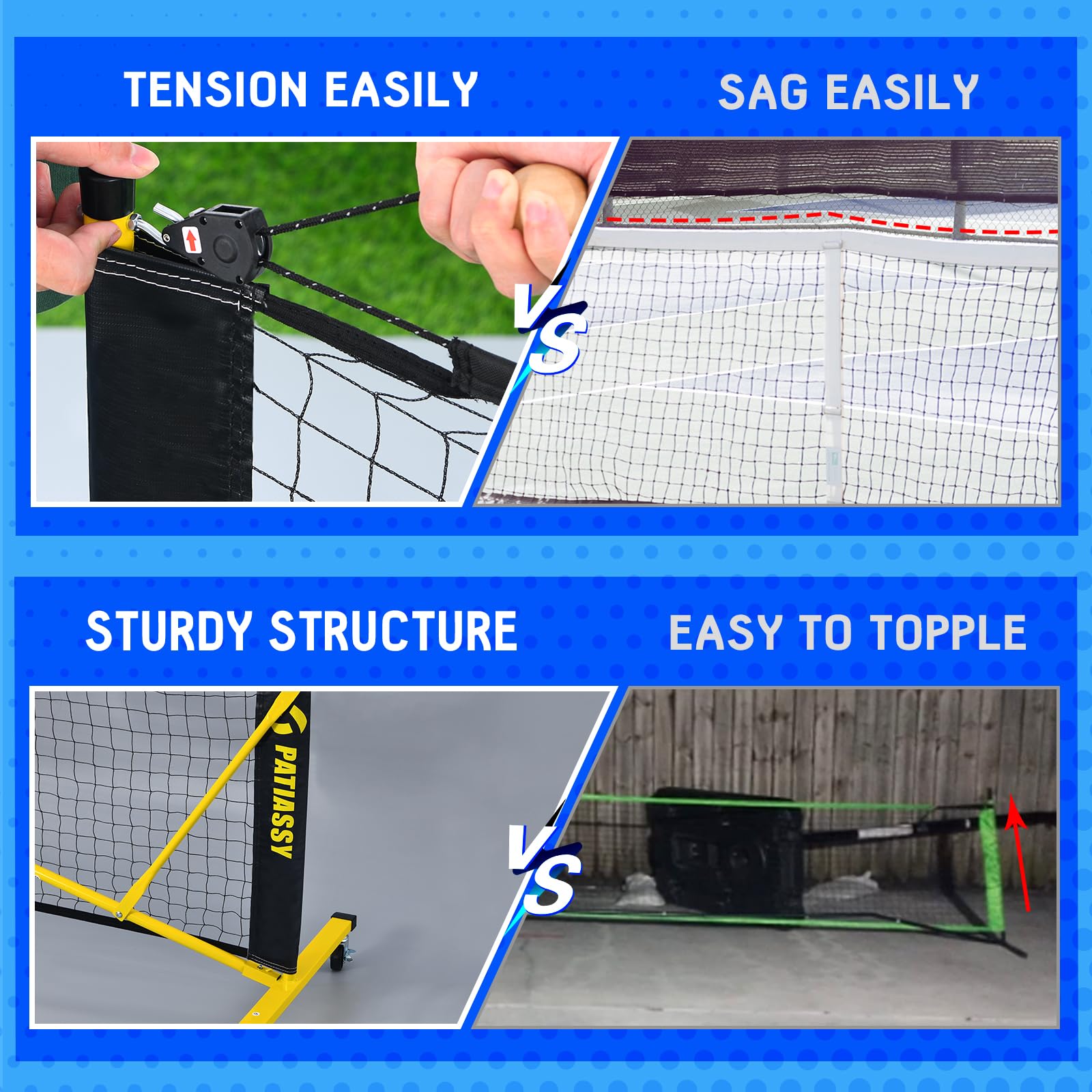 Patiassy Tournament-Grade Pickleball Net, IFP/USAPA Standards Regulation Size, Rust-Resistant Aluminum Frame with Tension System for Semi-Permanent or Mobile Use Blue