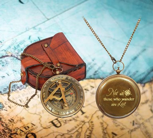 Engraved Brass Sundial Compass Gift for Men with Leather Case – Pocket Compass for Adventure, Travel, Hiking, Camping – Graduation, Baptism, Confirmation Gift for Him