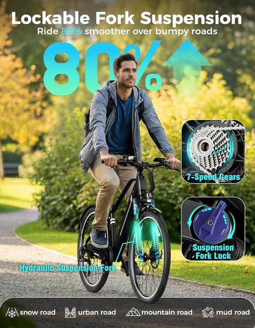 Jasion 26" Electric Bike - Removable Battery Ebike with 3 Modes, 7-Speed, 1200W Motor | Max 28MPH, 50 Miles