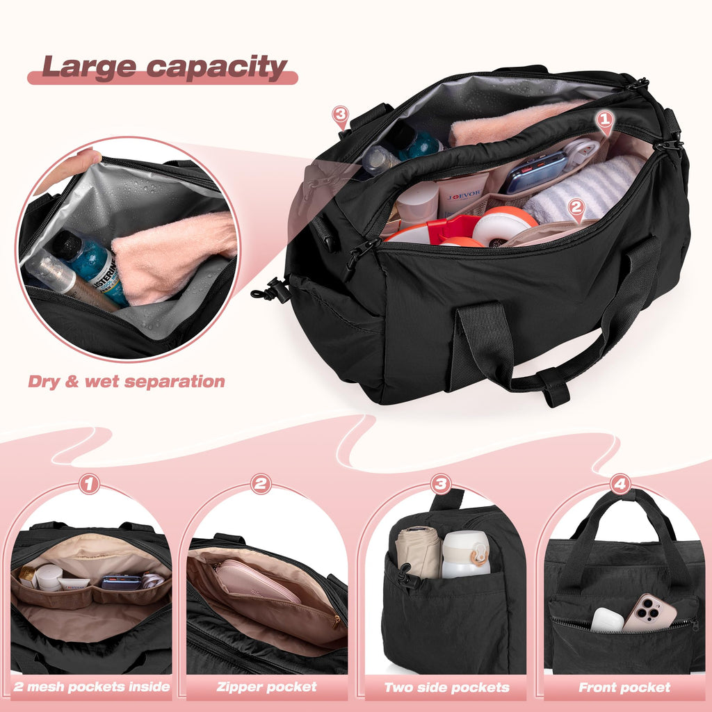 Prokva Small Gym Bag for Women, Mini Duffle Bag with Wet Compartment, 12L Travel Carry on Weekender Bag for Sports, Workout and Fitness, Black