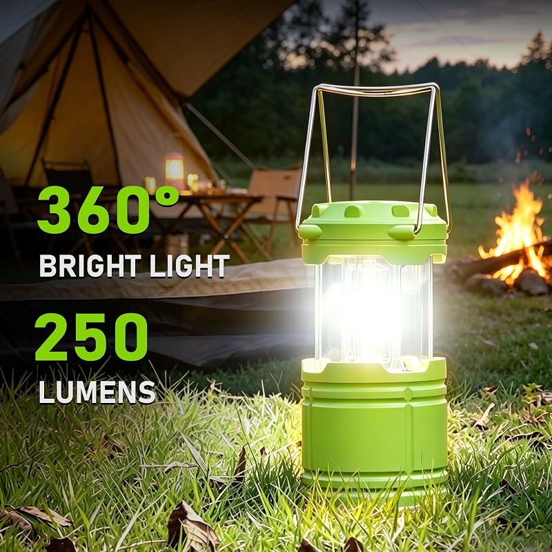 4-Pack Mini LED Green Camping Lanterns - 250 Lumen, 360° COB Light, ABS Portable & Collapsible (Variation: 4)