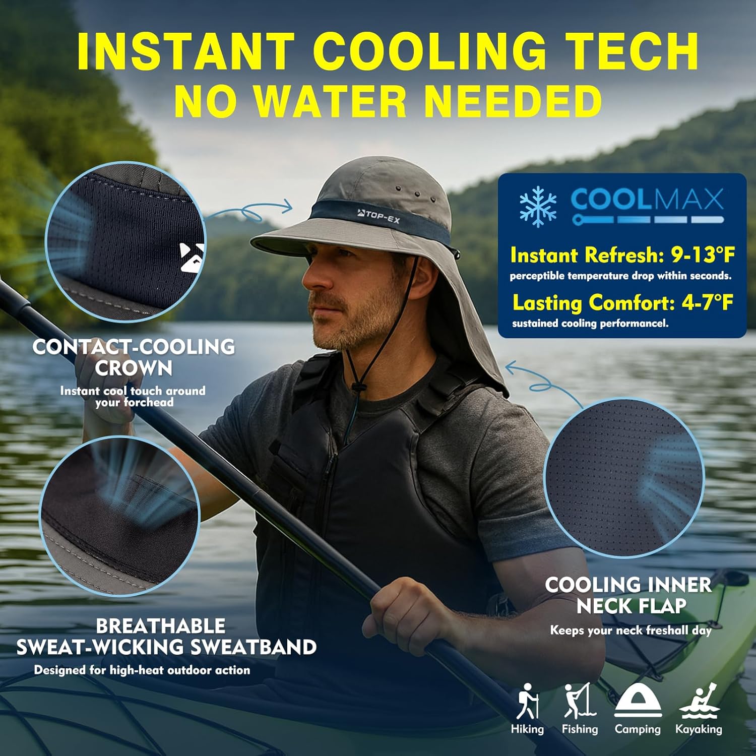 TOP-EX Cooling Sun Hat - UPF 50+ Wide Brim with Neck Flap for Hiking, Fishing & Large Sizes