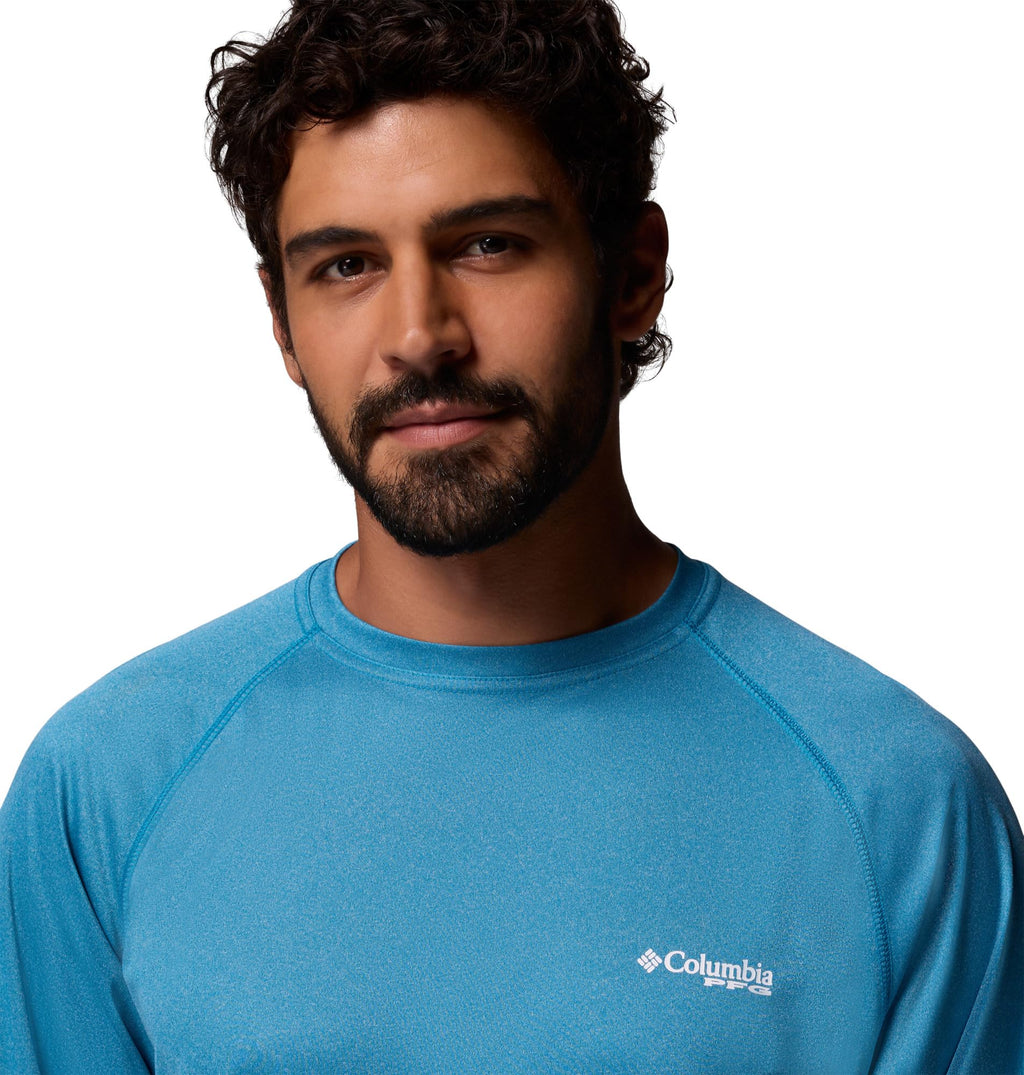 Columbia Men's PFG Terminal Tackle Long Sleeve Fishing Shirt, Blue Echo Heather/White Logo, 2X