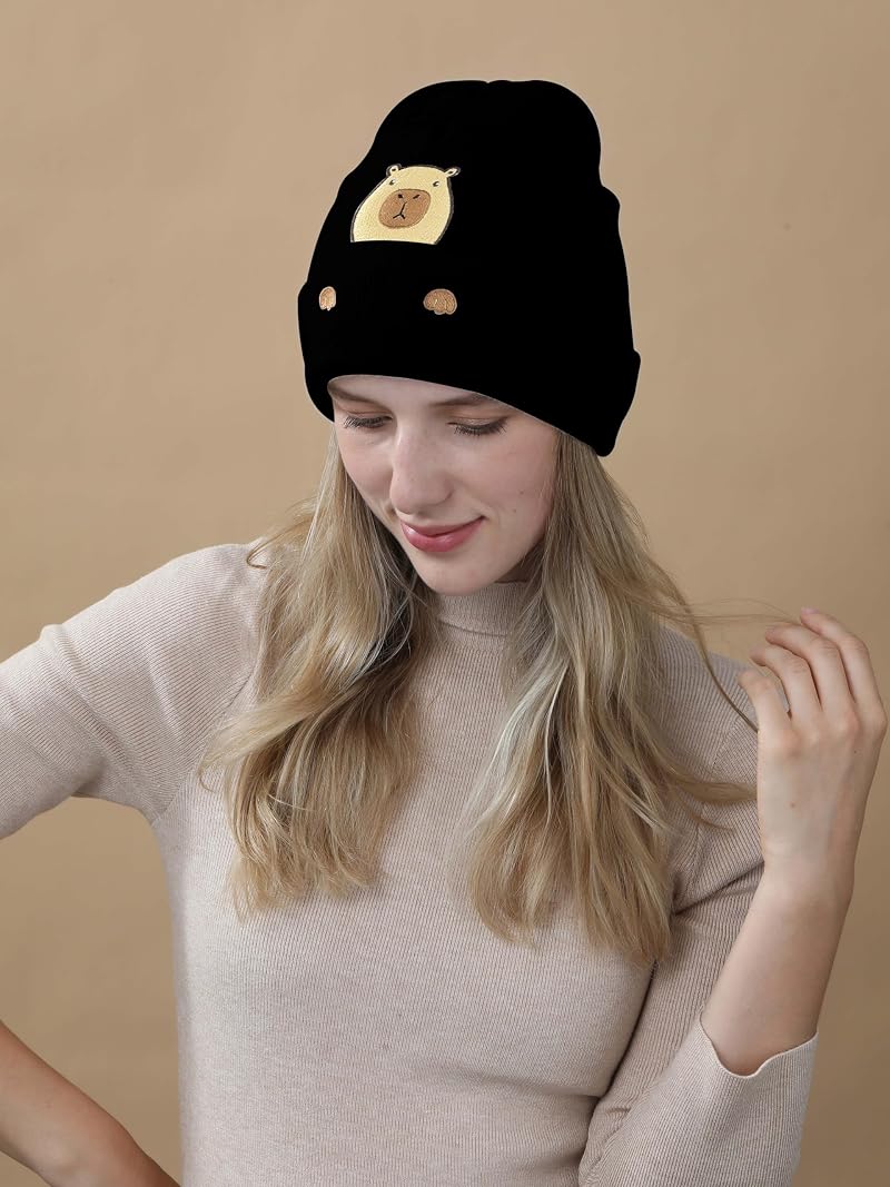 Capybara Embroidered Knit Beanie - Funny Capybara Gift for Women & Men, Variation Black1