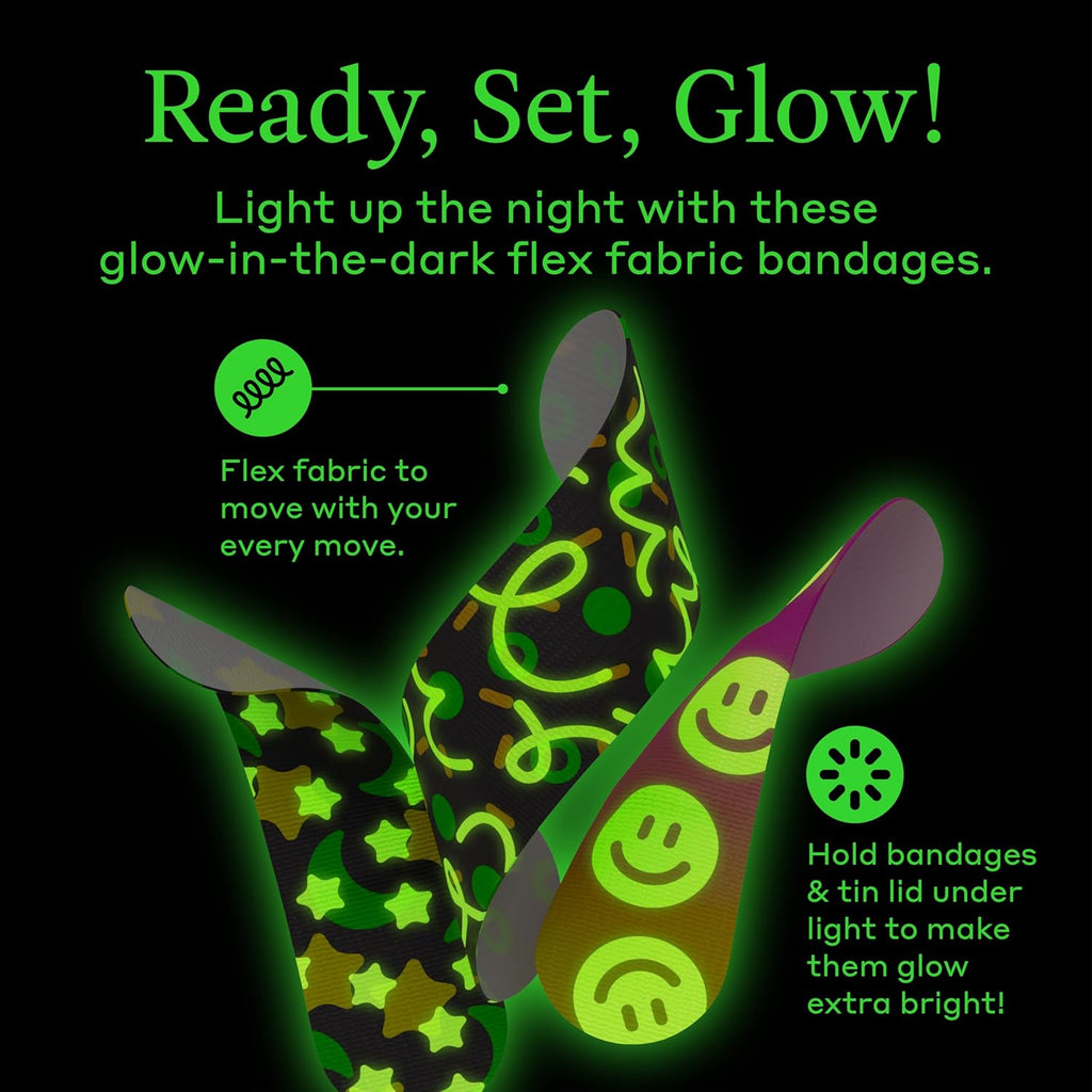 Welly Glow-in-the-Dark Bandage Refill Pack - Flexible Adhesive Fabric Bandages | Assorted Shapes & Patterns - 120 Count