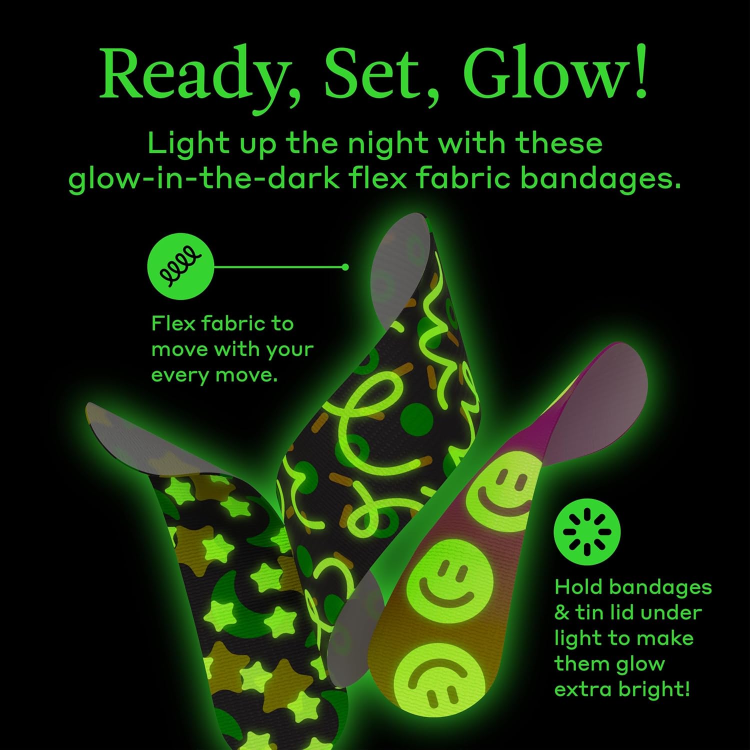Welly Glow-in-the-Dark Bandage Refill Pack - Flexible Adhesive Fabric Bandages | Assorted Shapes & Patterns - 120 Count