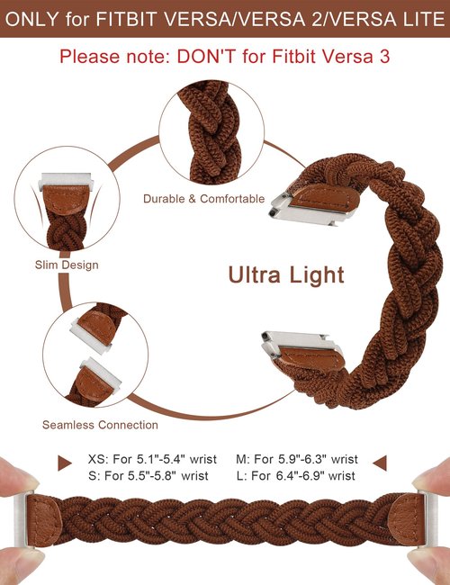 Wearlizer Compatible with Fitbit Versa Bands, Elastic Braided Wristband Strap for Women (Brown, S)