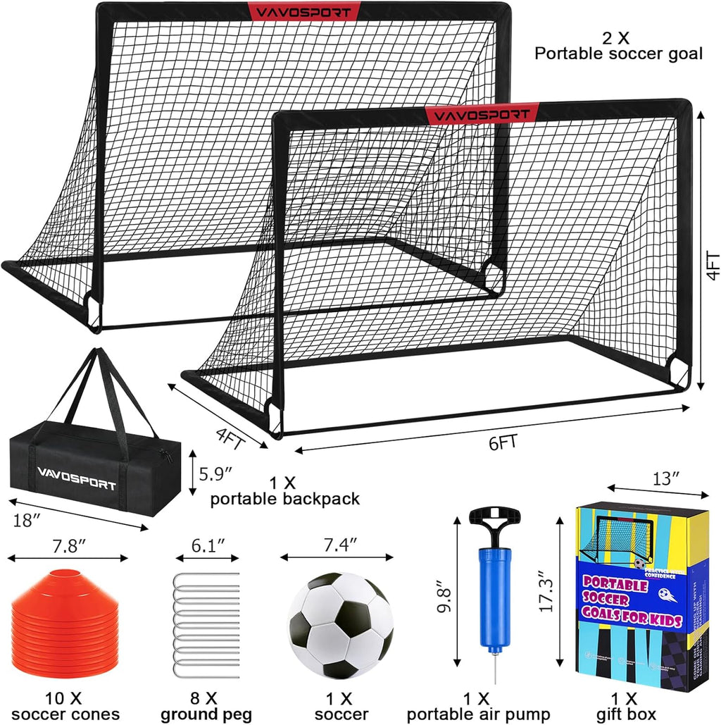 VAVOSPORT Soccer Goal Set - 2 Portable 6'x4' Kids Soccer Goals for Backyard Training & Outdoor Play