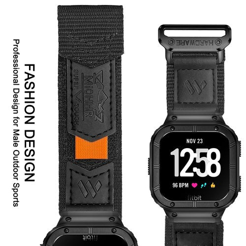 MioHHR Band Compatible with Fitbit Versa 4 3 2 1 /Fitbit Versa Lite/Fitbit Sense/Sense 2 Bands with Stainless Steel Case, Breathable Nylon Sport Adjustable Strap Replacement Rugged Wristband for Men