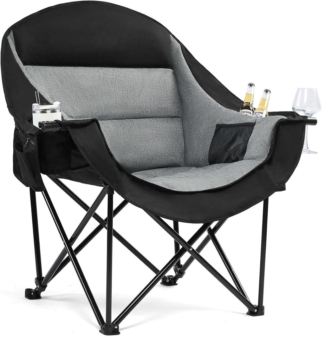 Skiennix Oversized Camping Chair - Heavy Duty Padded Folding Lawn Chair with Cup Holder, Supports 500lbs, Black