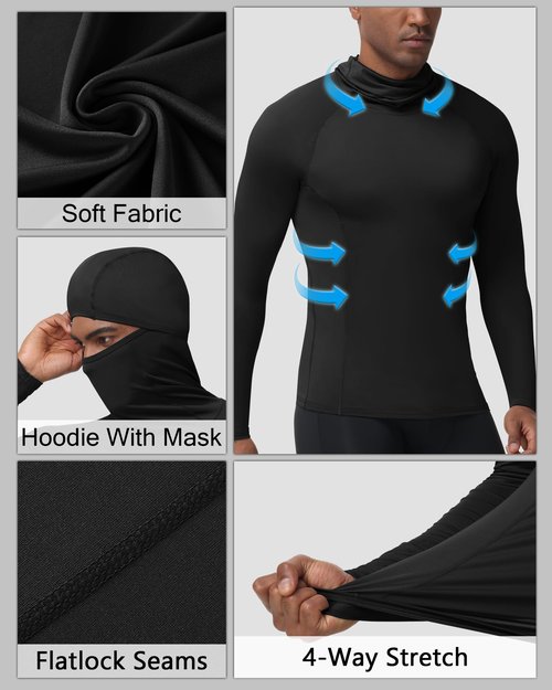 Roadbox Men's Compression Shirt Hoodie with Mask, Long Sleeve Workout Athletic Base Layer, Sports Gym Running Undershirt Top Black