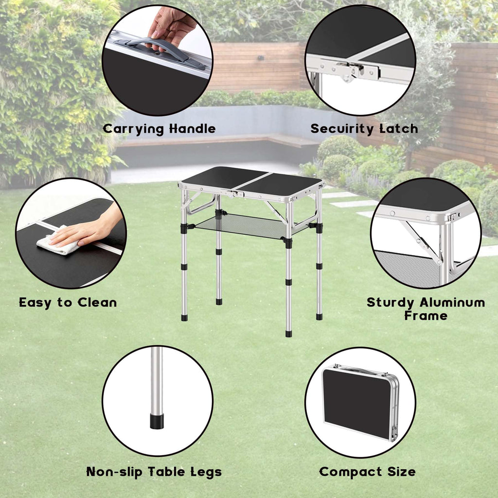 YihuiKo Small Folding Table, Aluminum 24" x 16" Adjustable Height Max 27.5" Folding Camping Table with Carrying Handle, Lightweight, Portable Camp Table for Outdoor Indoor Picnic Beach, Black