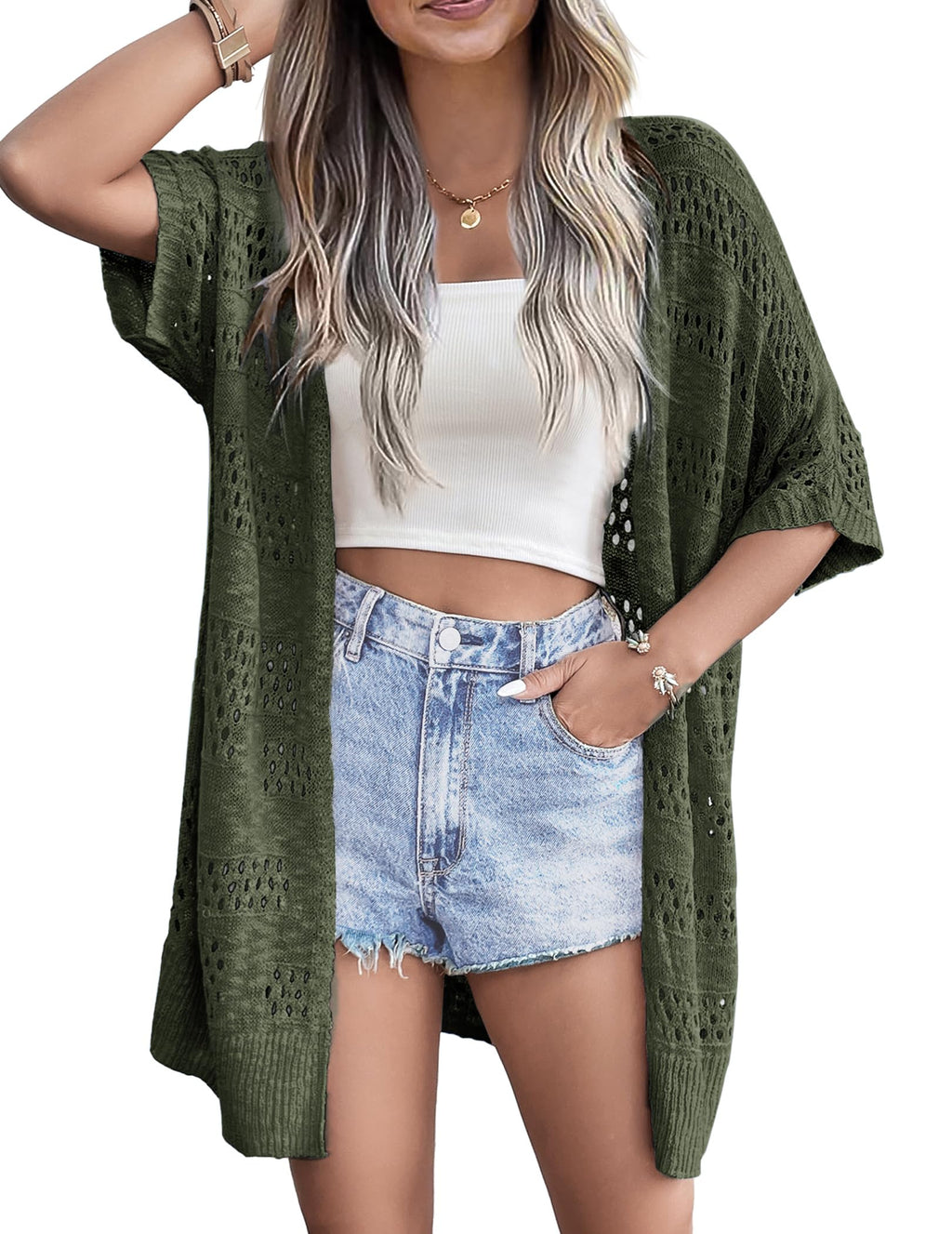 Zeagoo Crochet Cardigan for Women Light Weight Boho Short Sleeve Loose Fit Knitted Oversized Cardigan for Summer Dark Green