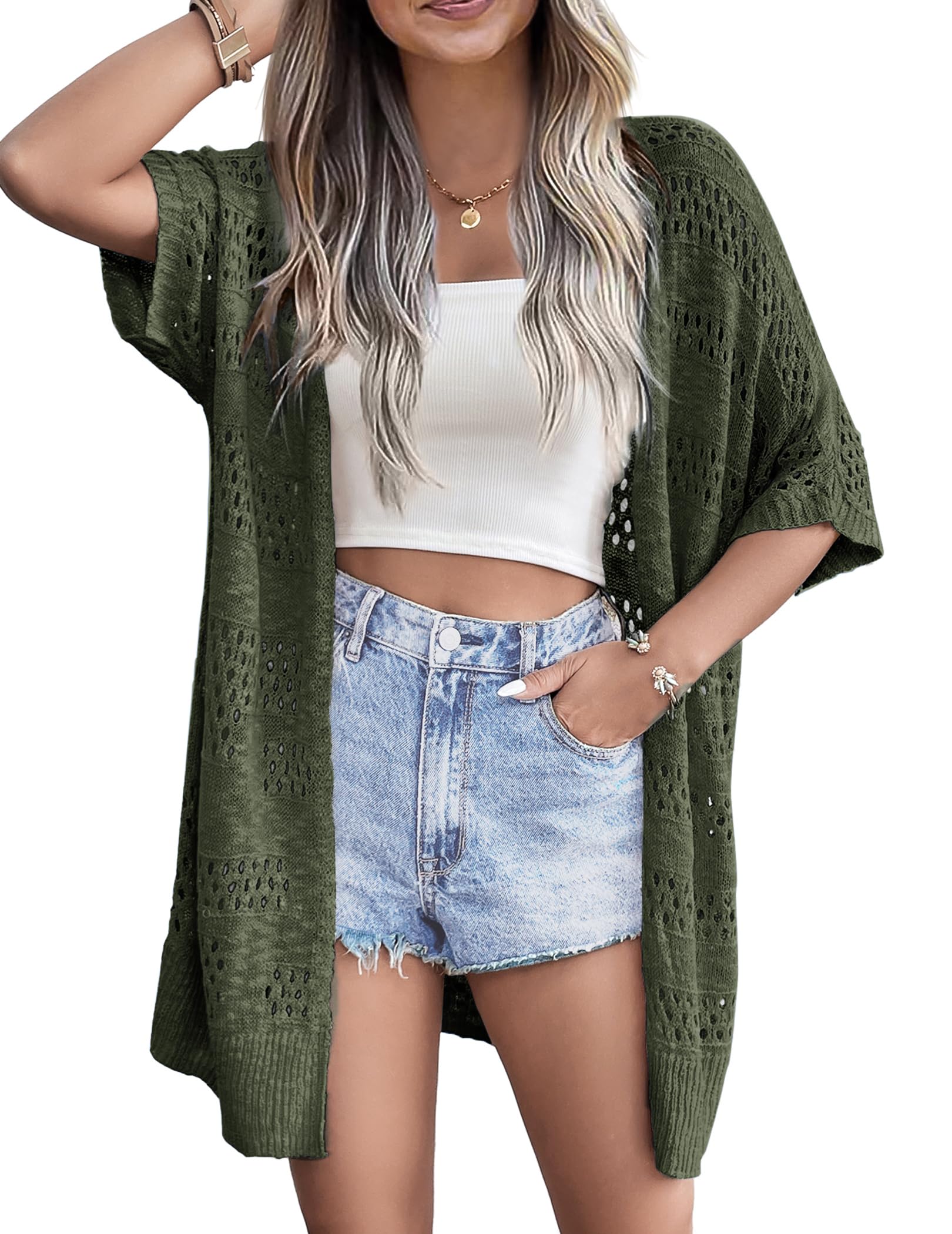 Zeagoo Crochet Cardigan for Women Light Weight Boho Short Sleeve Loose Fit Knitted Oversized Cardigan for Summer Dark Green