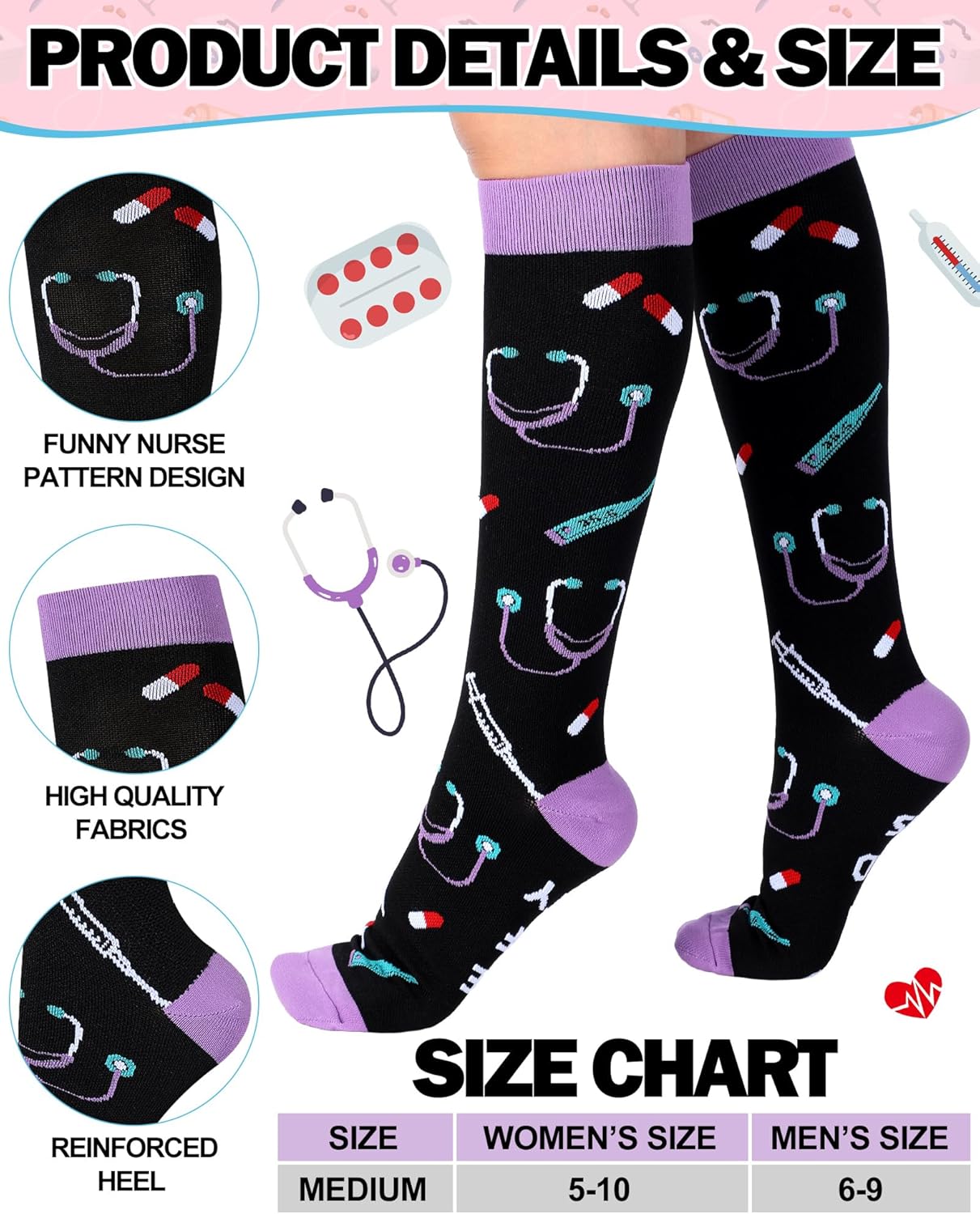 Skiennix Nurse Compression Socks - 15-20 mmHg Knee High Support for Circulation | 6 Pairs, Ideal Gift for Medical Staff