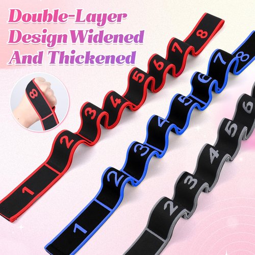 Fitness Resistance Bands with Handles, Adjustable Stretching & Yoga Band for Full Body, 8-Section Elastic Training Band with Clear Marking for Yoga, Stretching, Pilates (（Red + Black + Blue）)