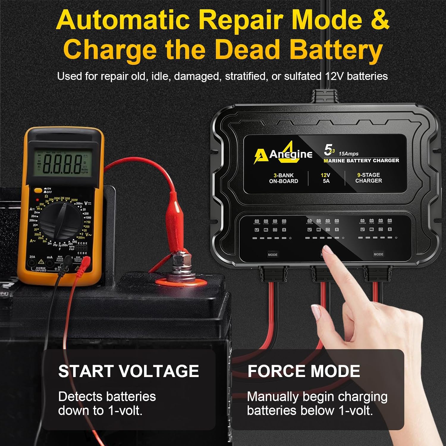 3 Bank Marine Battery Charger - 12V (5A/Bank) Waterproof LCD Onboard Charger with Overcharge Protection & Temperature Compensation for Lead-Acid, AGM, EFB, LiFePO4, Lithium | Ideal for Boat, Car, RV