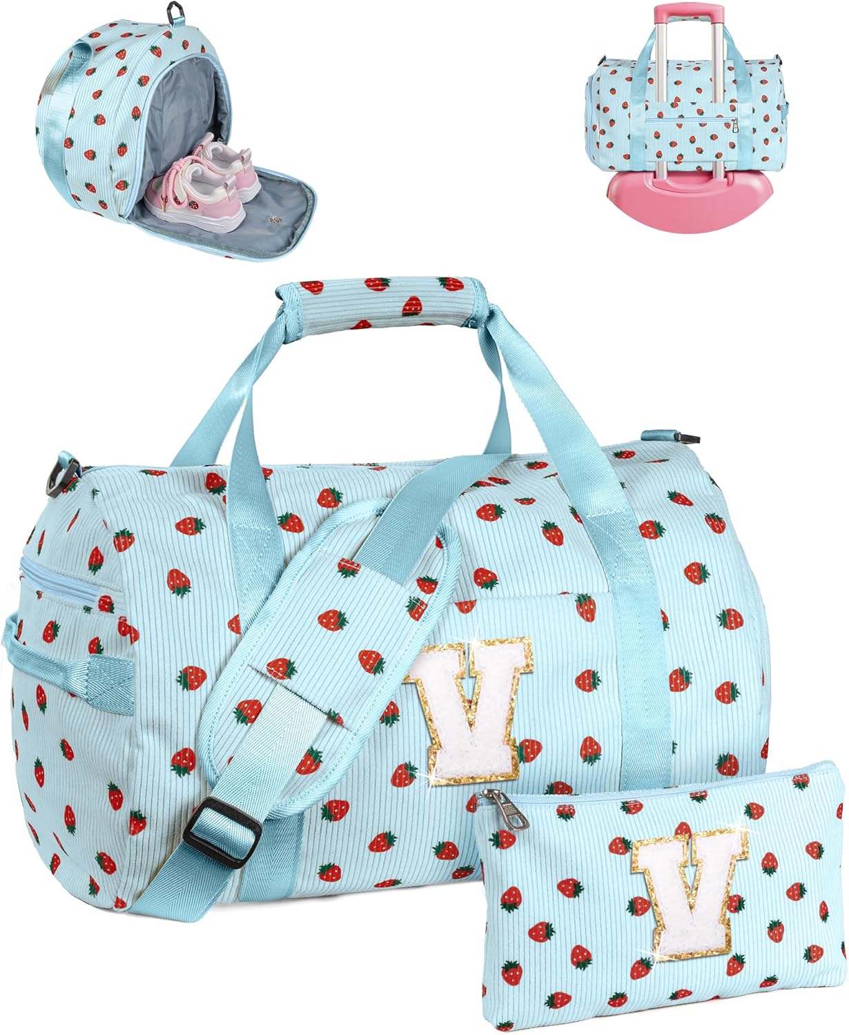 Skiennix Personalized Girls Gym Bag - Toddler Weekend Duffel with Shoe Compartment & Makeup Bag | Initial Travel Tote (Letter V)