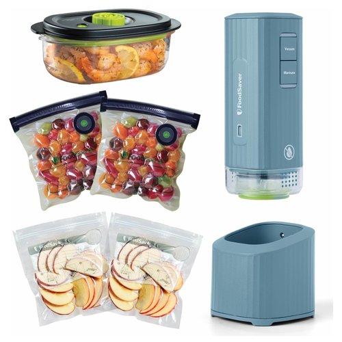 FoodSaver Mini Handheld Vacuum Sealer Machine with Marinate Setting & Charging Dock, Cordless Food Vacuum Sealer for Freezer, Storage, Sous Vide, Meal Prep, Blue