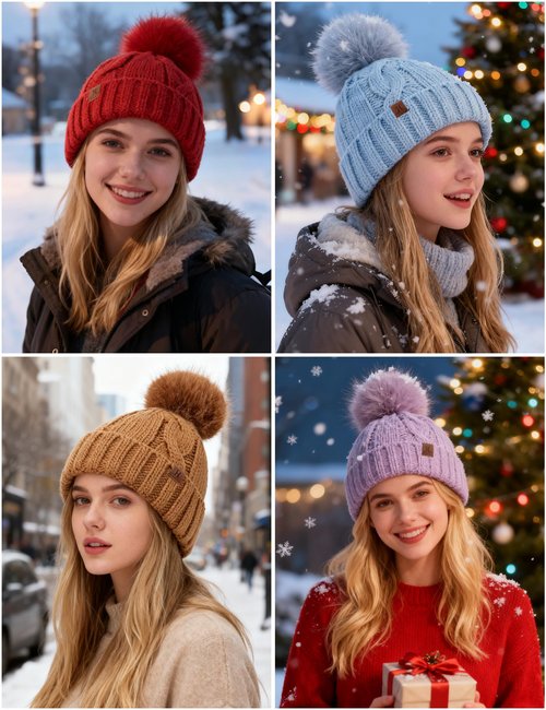 DS DADOU&XIAOSHAN Winter Hats for Women, Fleece Lined Beanie with Pom Pom, Girls Womens Knit Hat Beanies Toboggan (Sky Blue)