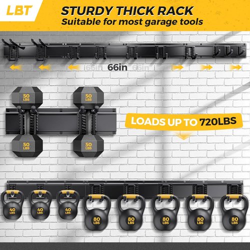 LBT 66 Garage Tool Organizer - Heavy-Duty Wall Mount Storage Rack with Adjustable Hooks | 720lbs Capacity