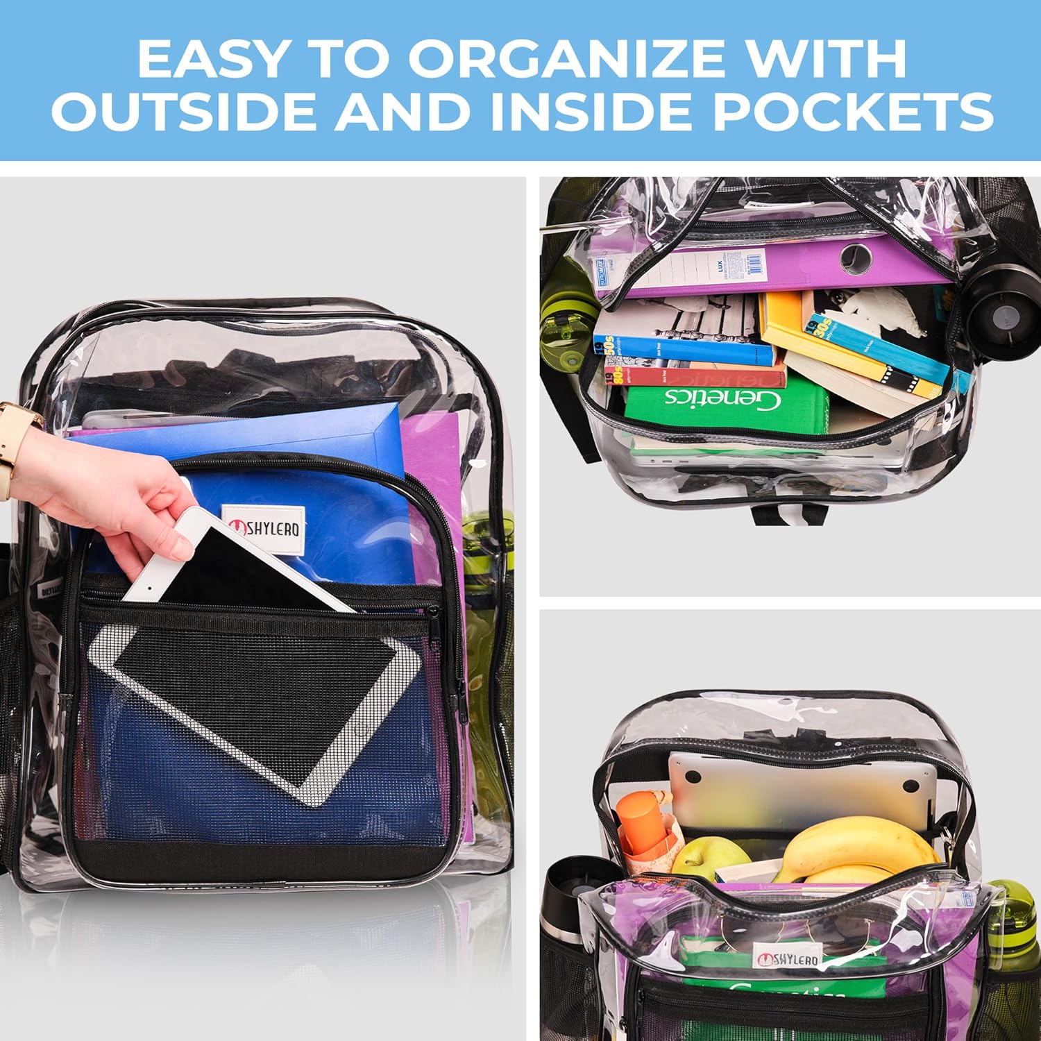 SHYLERO Clear Backpack - Heavy Duty PVC with TSA Lock & 2-Way Zipper | X-Large Black (18''x14''x8'')