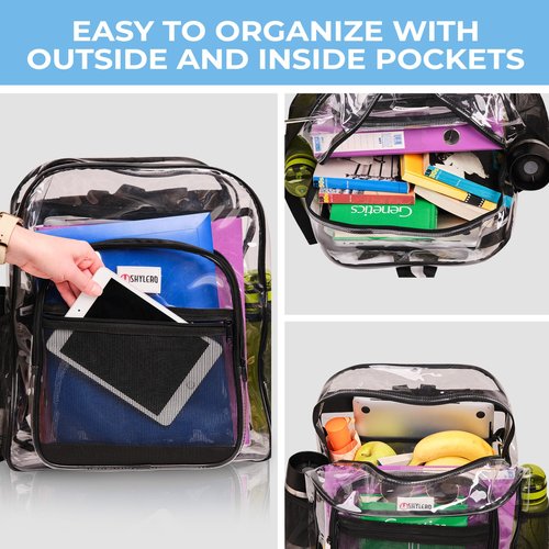 SHYLERO Clear Backpack Heavy Duty has TSA Lock, 2-WAY Zipper. PVC Transparent Backpack X-Large - H18''xW14''xD8 - Black