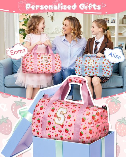 Elilier Dance Bag for Girls, Birthday Gifts for 4 5 6 7 8 9 10 Year Old Girls Kids, Initial Kids Duffle Bag, Cute Weekender Overnight Sleepover Gym Bag with Shoe Compartment, Girly Stuff