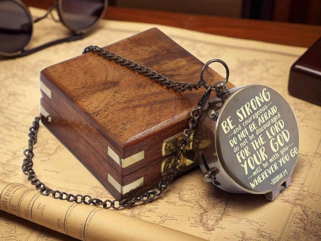 Skiennix Personalized Baptism Compass - Engraved Name & Date | Religious Keepsake Gift with Wooden Box & Leather Case