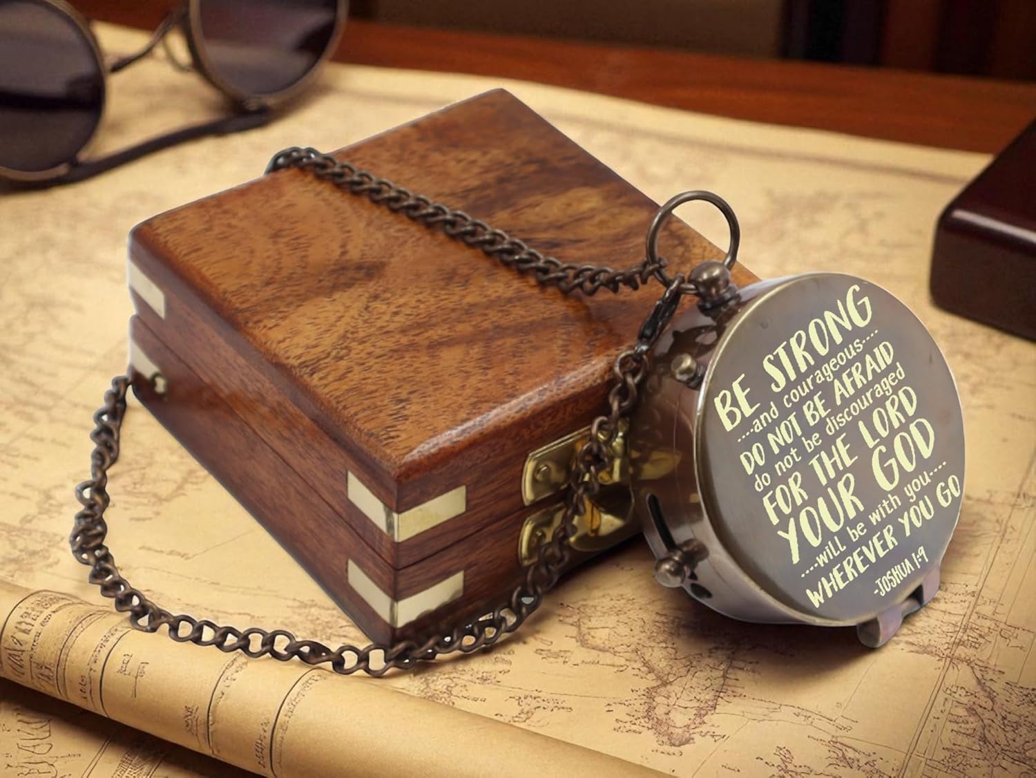Skiennix Personalized Baptism Compass - Engraved Name & Date | Religious Keepsake Gift with Wooden Box & Leather Case