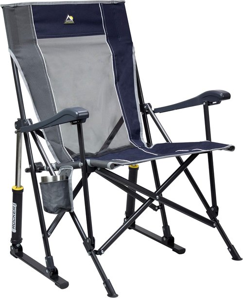 GCI Outdoor RoadTrip Rocker Camping Chair - Portable Folding Rocking Chair with Drink Holder & Comfortable Backrest - Indigo Blue