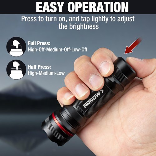 Arrow LED Flashlight 500 Lumens, Zoomable Flash Light with High-Low-Strobe Modes, Bright Handheld Flashlights for Outdoor, Camping, Repair, or Emergency Use, 3 AAA Batteries Included