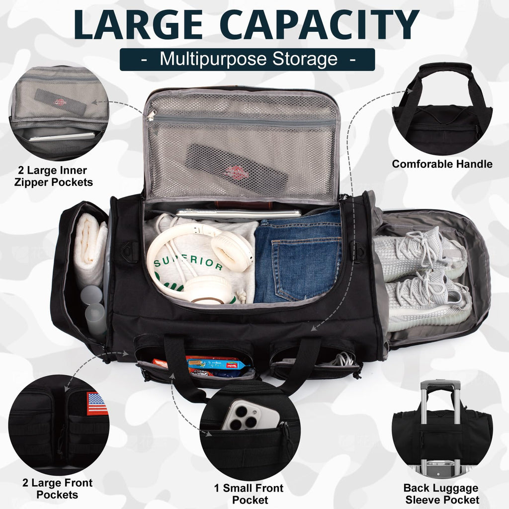 Tactical Gym Bag for Men，50L Large 3 in 1 Sports Duffle Bag with Shoes Compartment for Travel,Water Resistant Travel Backpack Weekender Overnight Bag with Wet Pocket for Women