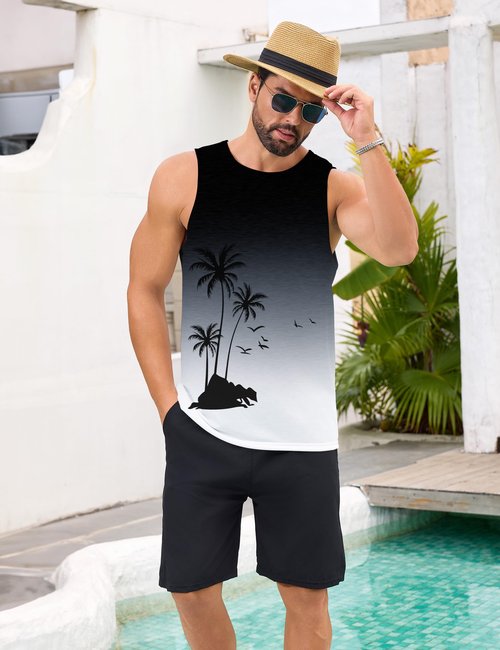 Tanihanp Men Tank Top Graphic Summer Gradient Casual Surfing Beach Tank Top Men Workout Running Swim Gym Mens Palm Tree Sleeveless Shirts XL