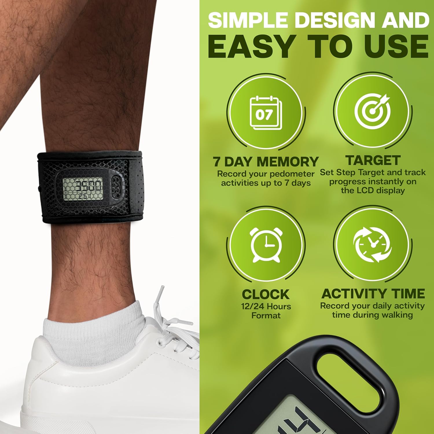 Skiennix Ankle Pedometer Step Counter | Activity Tracker with Clip-On - Tracks Steps & Distance