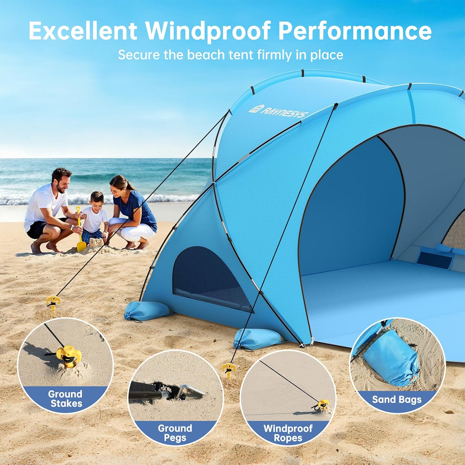 Raynesys Beach Tent - Portable Sun Shelter with UPF50+ UV Protection | Fits 1-3 People, Blue