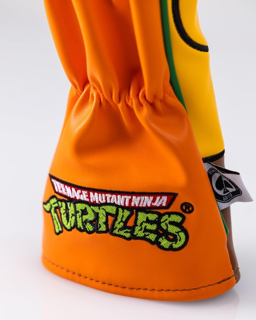 Pins & Aces TMNT Fairway Head Cover - Premium, Hand-Made Leather Headcover - Teenage Mutant Ninja Turtle Head, Tour Quality Golf Club Cover - Style and Customize You Golf Bag (Michelangelo)