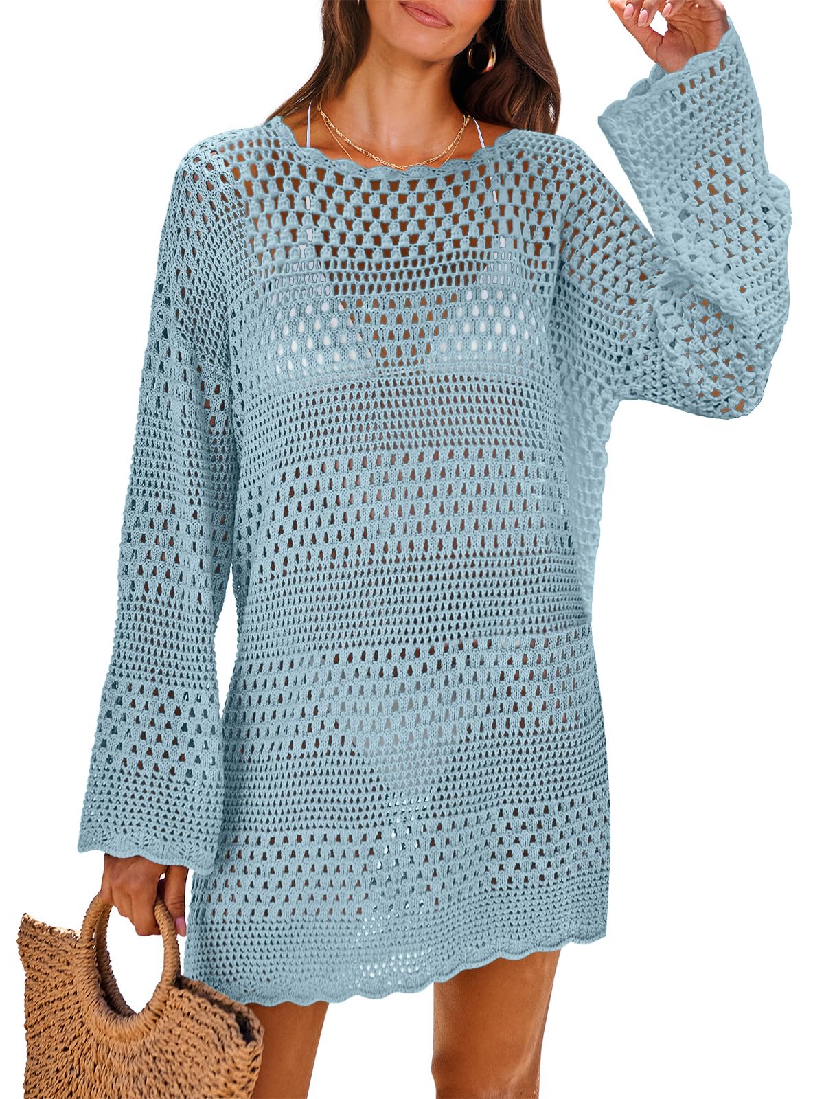 ANRABESS Women Swimsuit Crochet Swim Cover Up 2026 Summer Bathing Suit Swimwear Mesh Knit Beach Dress Vacation Outfits Sky Blue X-Large
