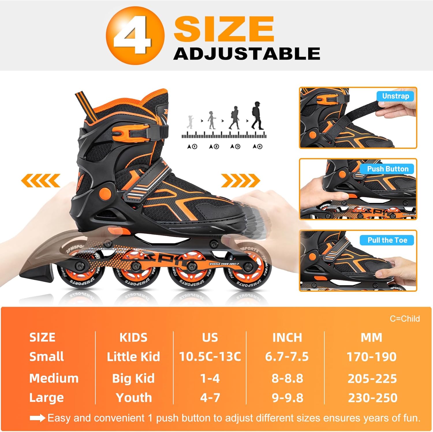 2PM SPORTS Torinx Green Adjustable Inline Skates - Fun Beginner Roller Skates for Kids & Adults