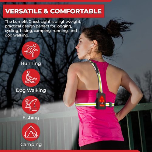 LUMEFIT Running Lights - Adjustable LED Chest Light with Yellow Reflective Vest for Night Safety | Rechargeable Jogging Gear