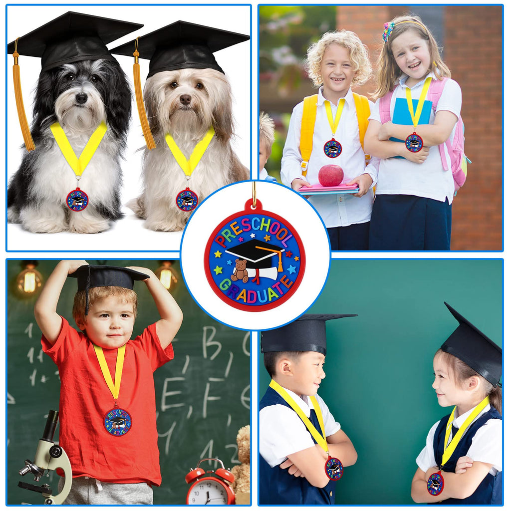 Sratte 48 Pcs Kindergarten Prek Preschool Graduation Medals for Kids, Bulk Kinder Pre-k Graduation Gifts with Yellow Ribbon, End of Year Student Gifts Party Favors Supplies, 2 Inch (Graduate Cap)