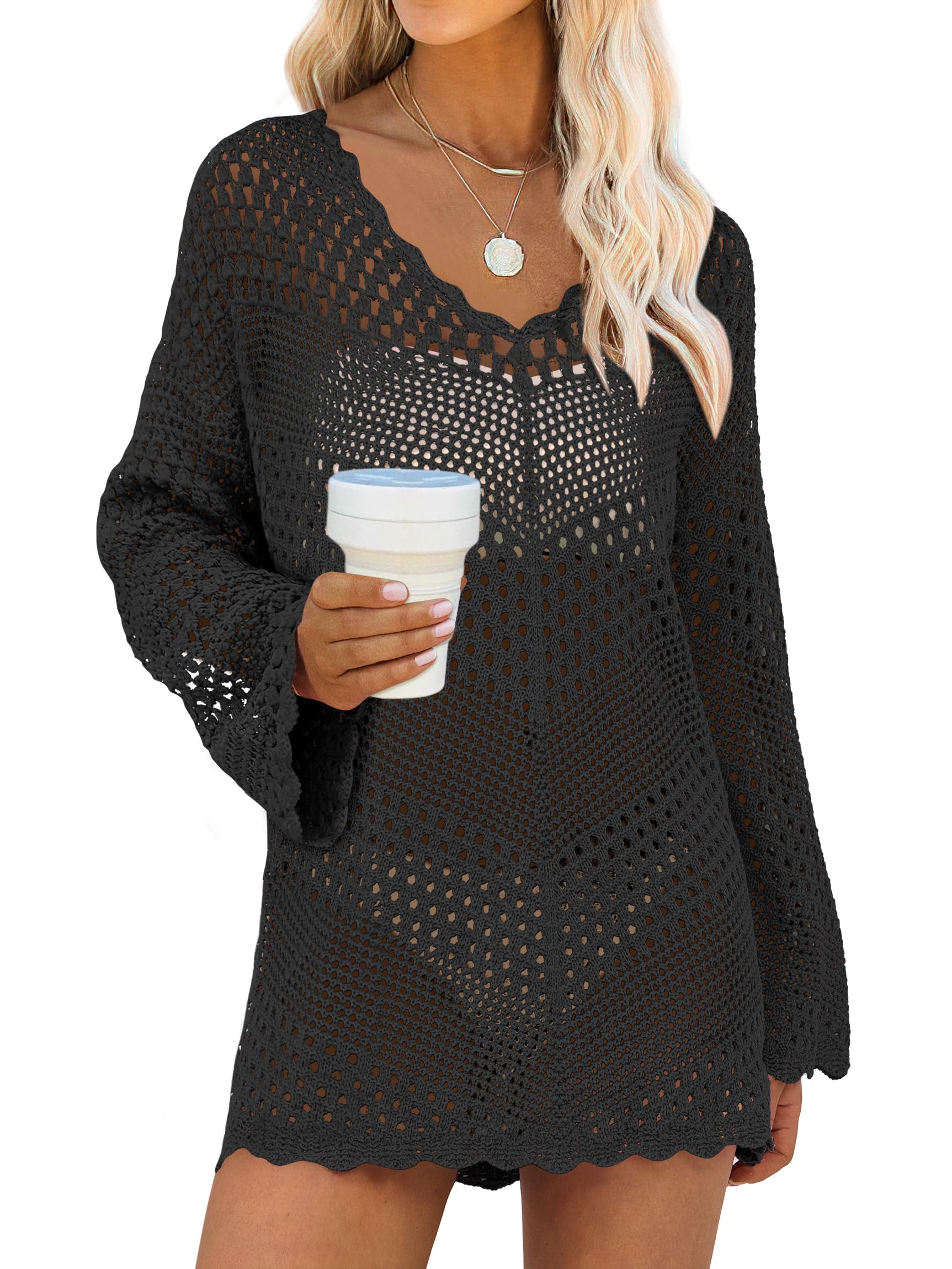 ANRABESS Swimsuit Cover Up for Women Crochet Bathing Suit Summer Swimwear V Neck Mesh Knit Dress 2026 Beach Vacation Clothes Black Medium