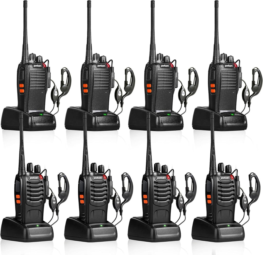 Pxton Walkie Talkies 777S & 888S - Long Range Rechargeable Two-Way Radios with Earpieces | 8 Pack