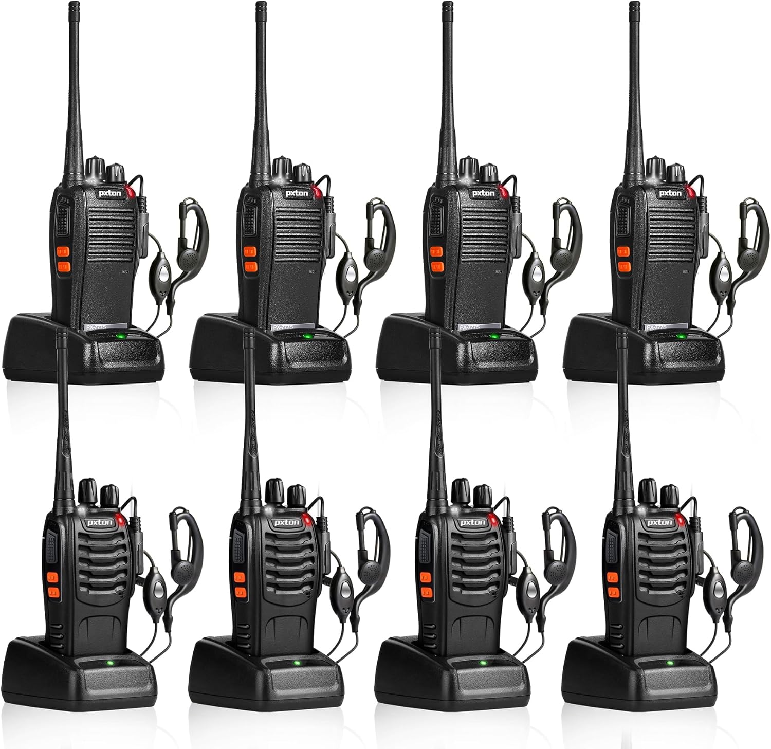 Pxton Walkie Talkies 777S & 888S - Long Range Rechargeable Two-Way Radios with Earpieces | 8 Pack