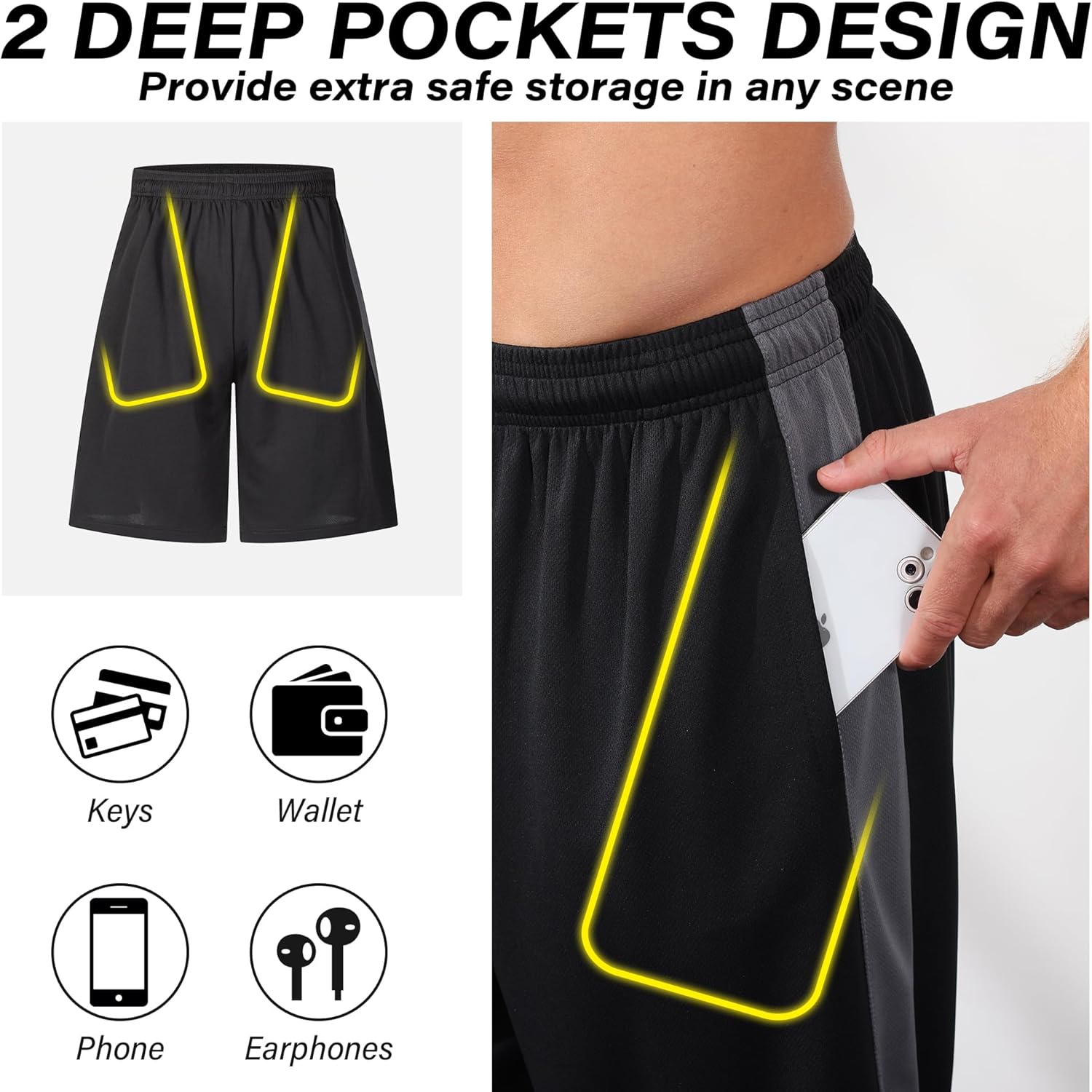Skiennix Men's Long Athletic Shorts - Quick Dry Camo Basketball Gym Shorts with Pockets