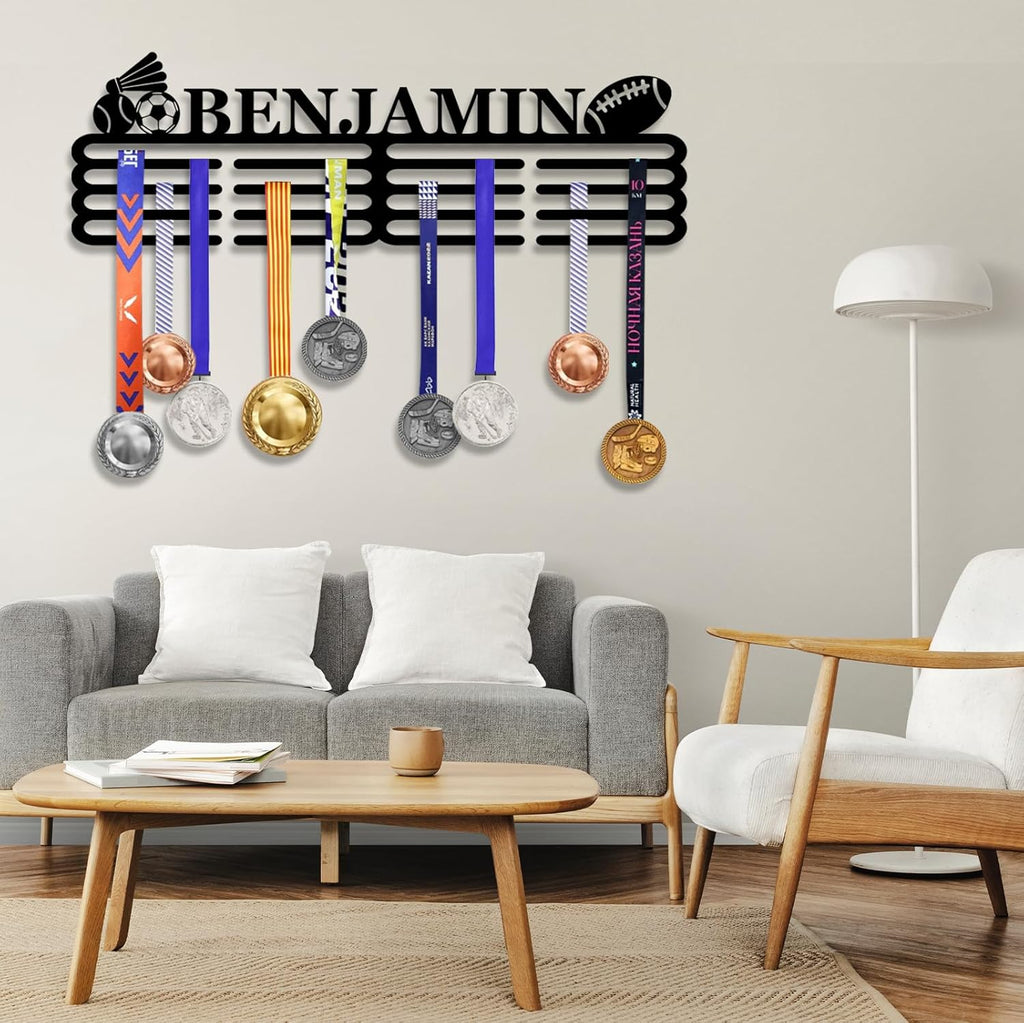 Skiennix Personalized Medal Hanger Display - Custom Name Wall Mount Trophy Shelf | Tiered Award Rack for Sports