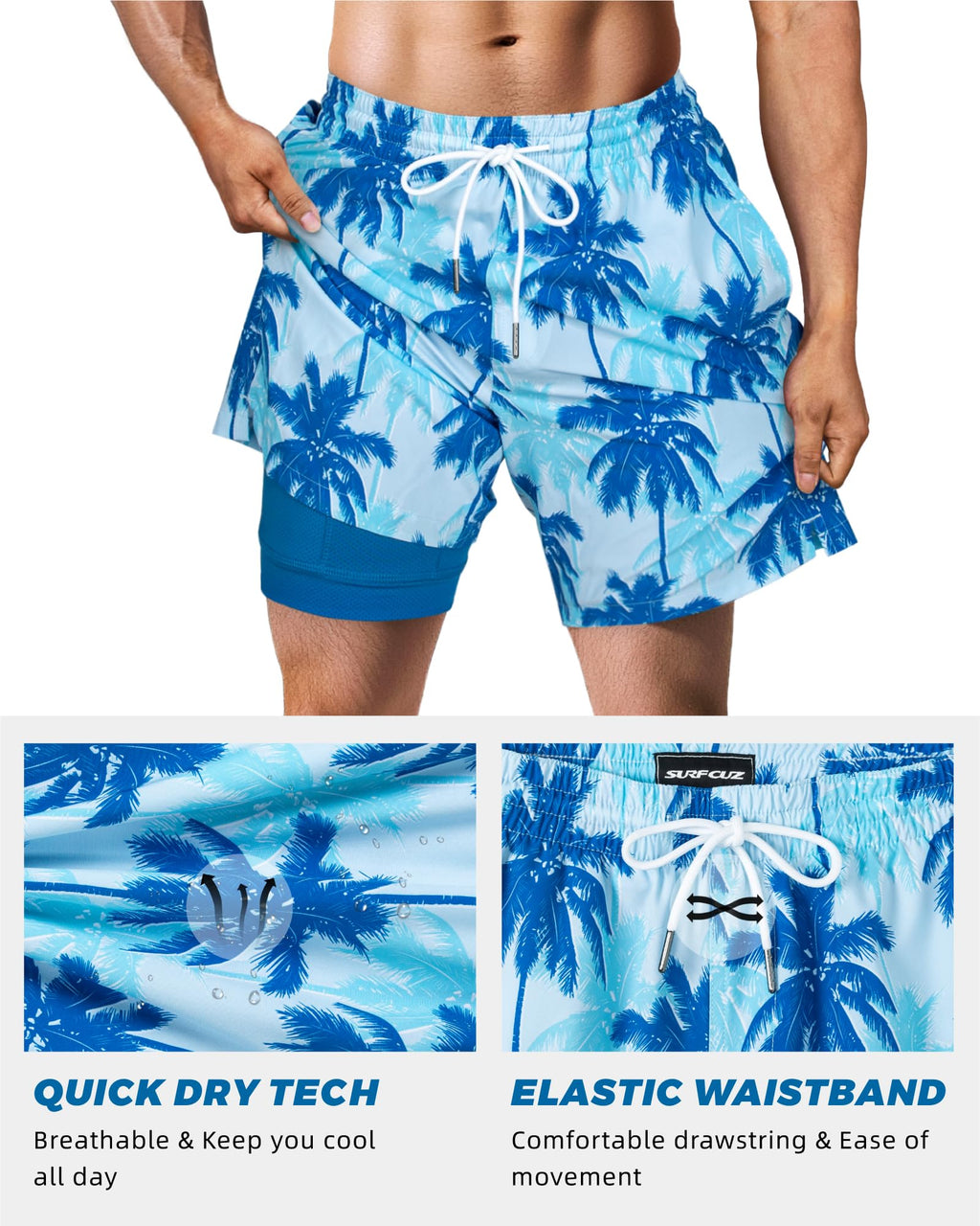 SURF CUZ Mens Swim Trunks with Compression Liner Quick Dry Swim Shorts 7" Swimming Trunks Stretch Zipper Pockets Blue Palm Tree Small
